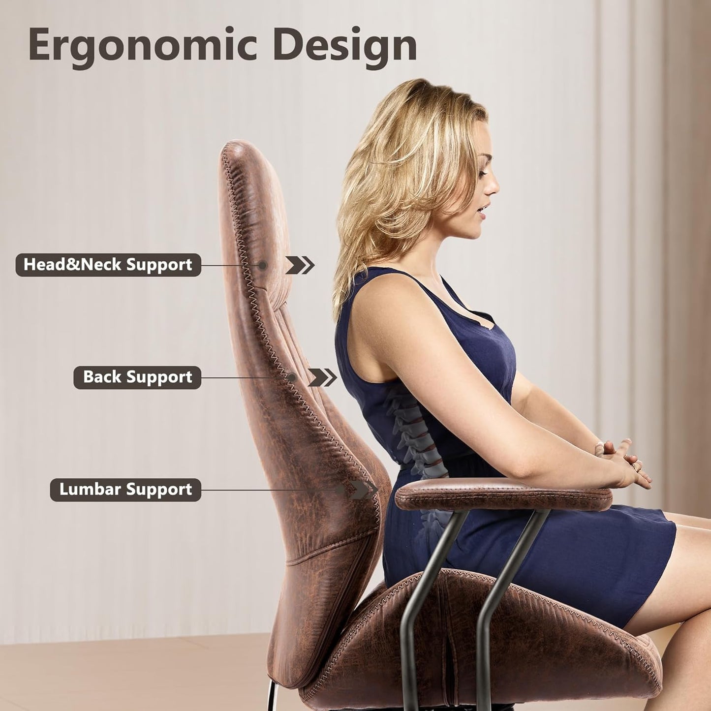 Mid Century Modren Office Chair - High Back Swivel Executive Chair with Lumbar Support,Ergonomic Computer Desk Chair with Wheels,Faux Lether Suede Task Chair,350lbs(Dark Brown, High Back)