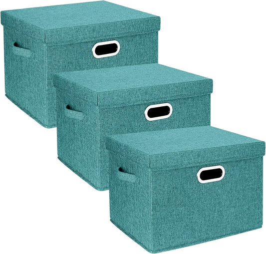 TYEERS Large Storage Bins with Lids, Collapsible, Washable, Fabric Storage Boxes for Organizing, 17.3x11.8x11.4 inches, 3 Pack, Aqua Deep