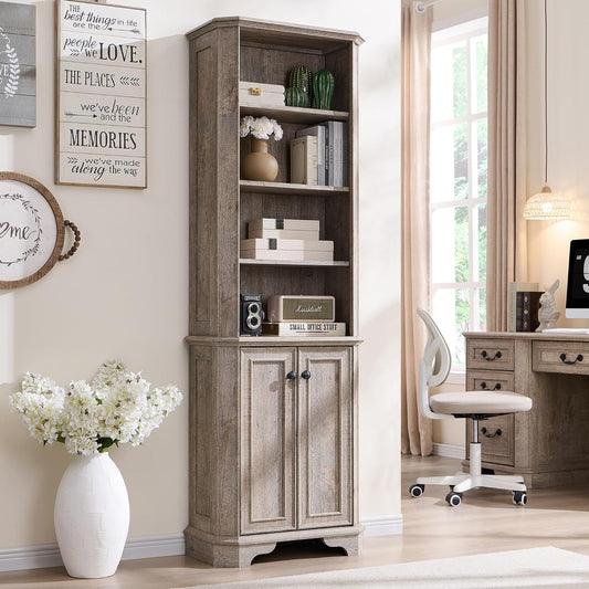 T4TREAM 6-Tier Bookshelf with Storage, 72" Tall Farmhouse Bookcase with Doors and Adjustable Shelves, Wooden Floor Standing Display Book Shelf Organizer for Home Office, Light Rustic Oak