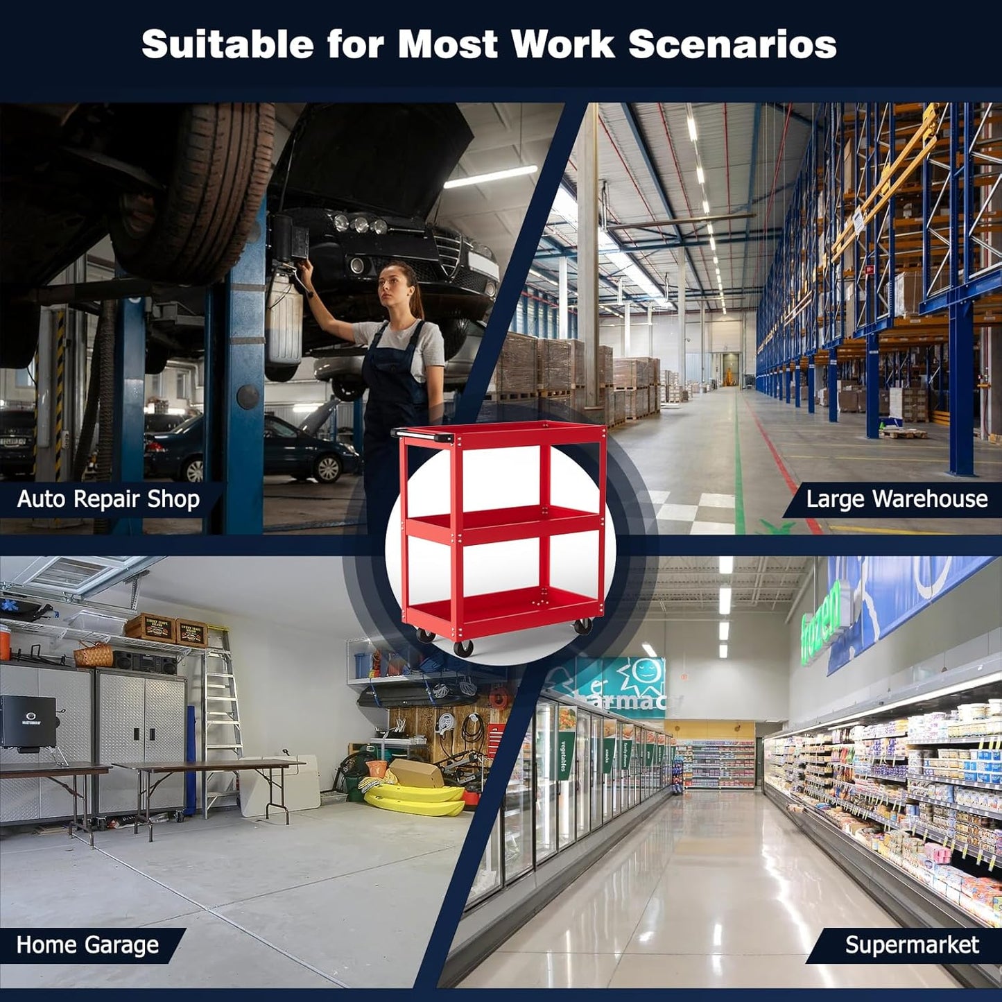 ALANNG 330 LBS Rolling Tool Cart, Heavy Duty Mechanic Cart, Metal Service Cart for Garage Workshop (Red, 1 Pack)