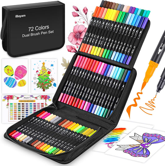 iBayam Art Markers Set, 72 Colors Dual Tip Brush Pens for Adult Coloring Book, Note-Taking, Calligraphy, Journaling, Sketching & Lettering, with Gift Case for Kids Adult Teens School Art Supplies