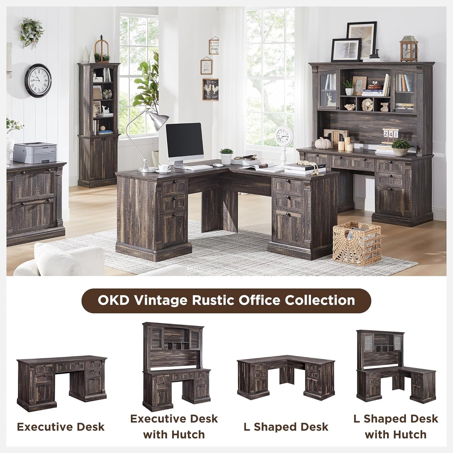 OKD 60" L Shaped Executive Desk with Drawers, Farmhouse Home Office Desk with Charging Station, File Cabinet Storage, Wood Corner Computer Desk for Work and Study, Dark Rustic Oak