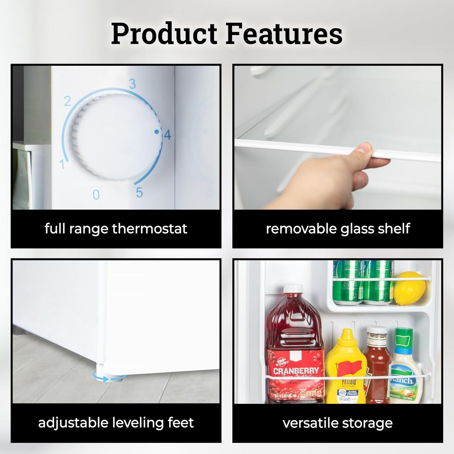 Igloo 1.6 Cu.Ft. Compact Refrigerator - Adjustable Thermostat, Glass Shelves, Includes Scraper, Ice Cube Freezer Drip Tray - White