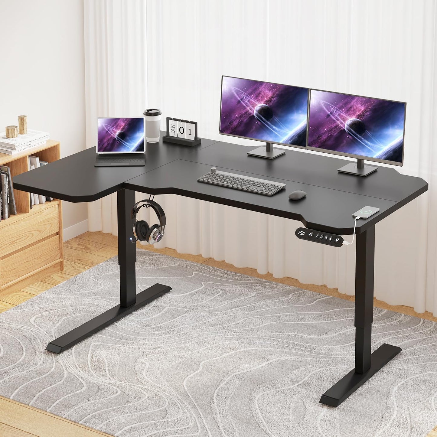 Electric Height Adjustable Standing Desk, 59 L-Shaped Sit - Stand Desk for Work or Home Office Push Button Memory Settings Black Splice Board/Black Frame