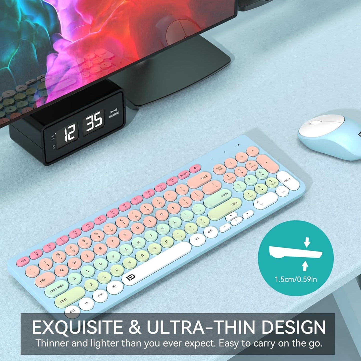 FD Wireless Keyboards and Mouse Combo - 2.4GHz USB Cordless, Cute Wireless Keyboard Round Keys, Quiet and Slim Set for Laptop, Computer, TV and Mac - Blue Pale Green Colorful