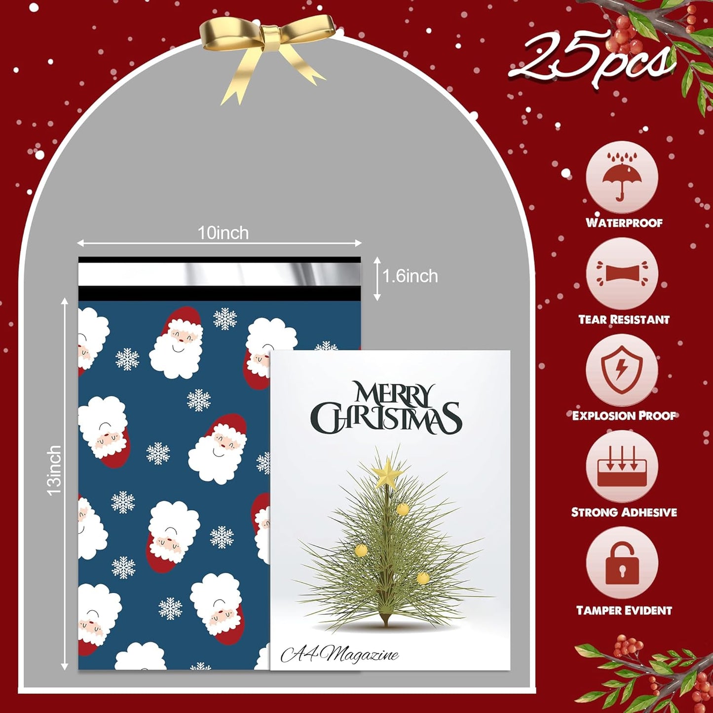 Christmas Poly Mailer - 10x13 Inch, 25 Pcs Waterproof, Tear-Resistant Mailer Bags with Self-Seal - Santa Claus and Snowflakes Printed