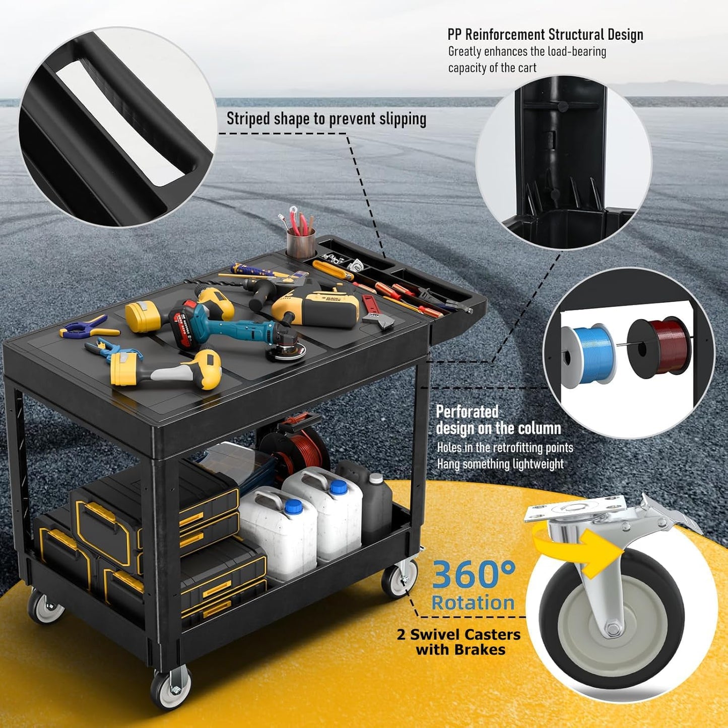 2 Tier Rolling Utility Cart on Wheels, 1000 lbs Capacity Flat Top Plastic Service Cart with Lipped Shelves, 46 x 26-Inch Heavy Duty Work Cart for Warehouse, Garage, Cleaning, Black