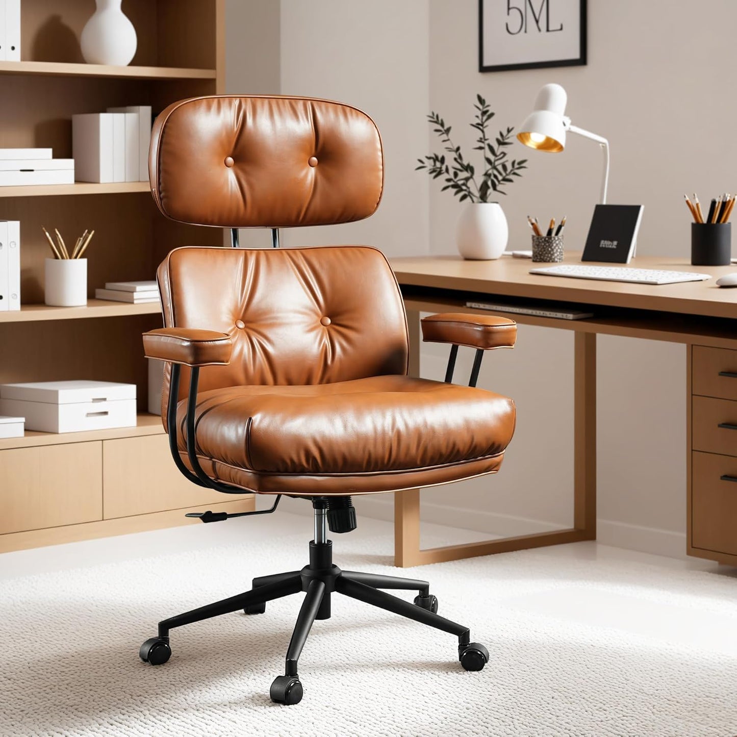 ovios Ergonomic Home Office Chair, Mid-Century Modern Faux Leather Chairs with Thickened Cushions, Comfy High Back Swivel Rolling Executive Computer Armchair (Brown, PU Leather)