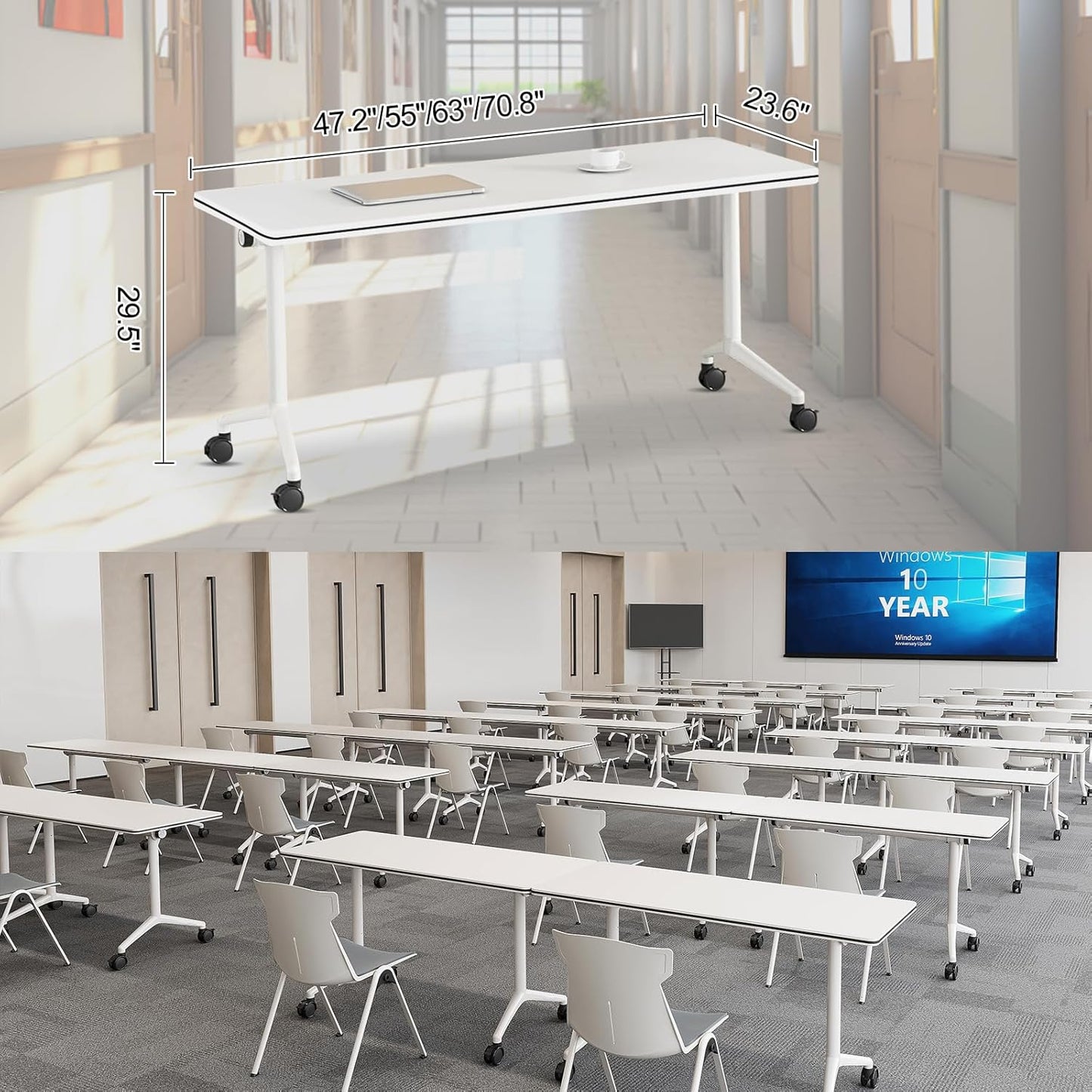 Folding Conference Room Tables 6 Pack, Foldable Modern Mobile Meeting Table Desk Training Table 6FT Large Rolling OfficeTable for Conference Training Classroom (2, 70.8" * 23.6" * 29.5")