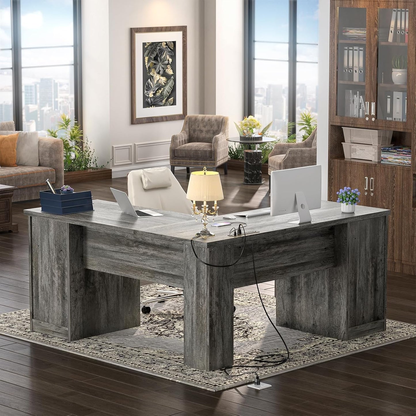 Unikito L Shaped Desk with Drawers, 60 Inch Corner Computer Desks with USB Charging Port and Power Outlet, Large 2 Person Home Office Table with File Cabinet, Black Oak