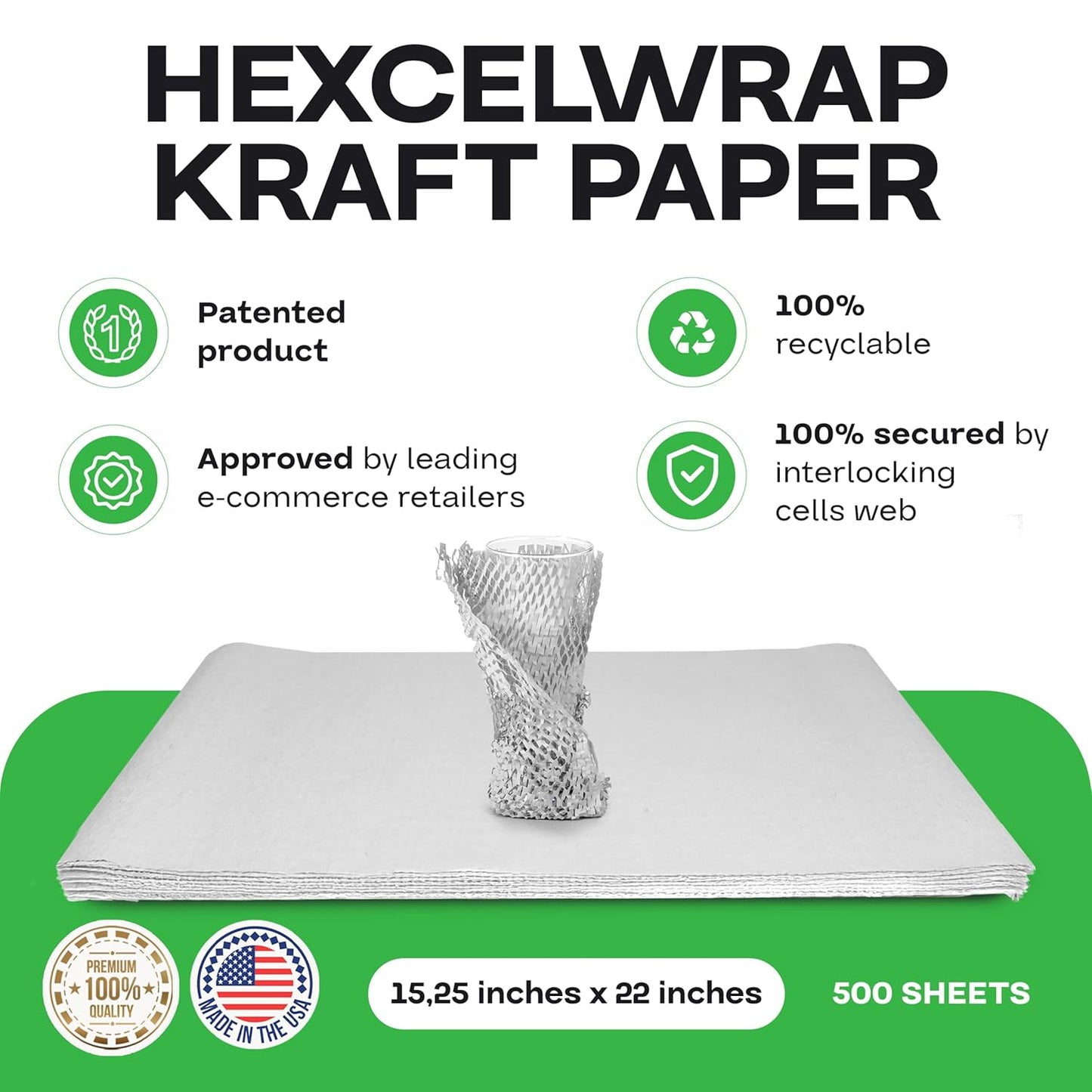 IDL Packaging 15.25" x 22" Honeycomb Kraft Packing Paper Sheets (Pack of 500), White – USA-Made Eco-Friendly Bubble Wrap Alternative for Shipping, Moving, Storage - Innovative Interlocking Slit Design