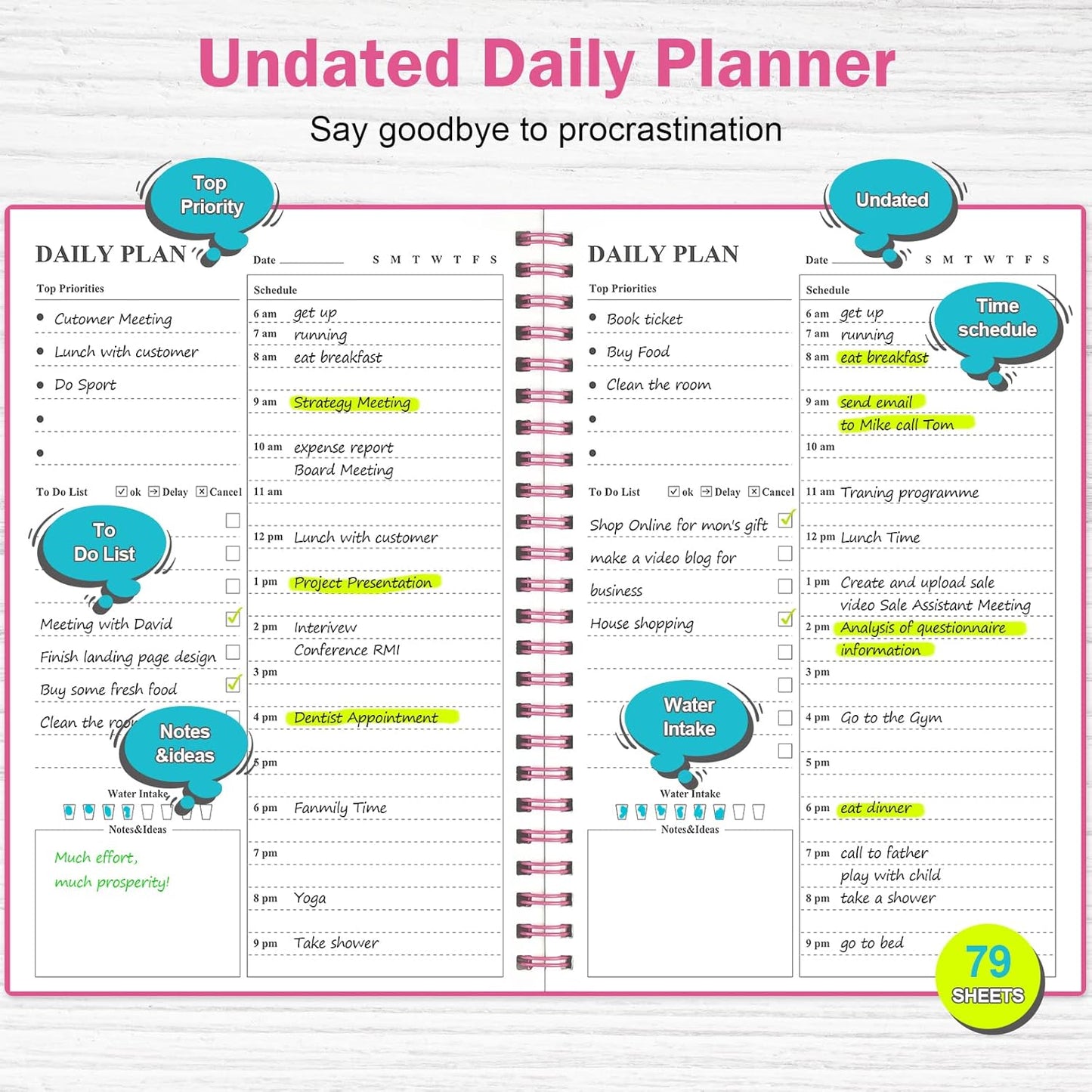 Daily Planner Undated, Asten To Do List Notebook Hourly Schedules Spiral Appointment Planner for Men and Women,PVC Hardcover,Elastic Closure, Inner Pocket 8.3" x 5.8" (Pink)