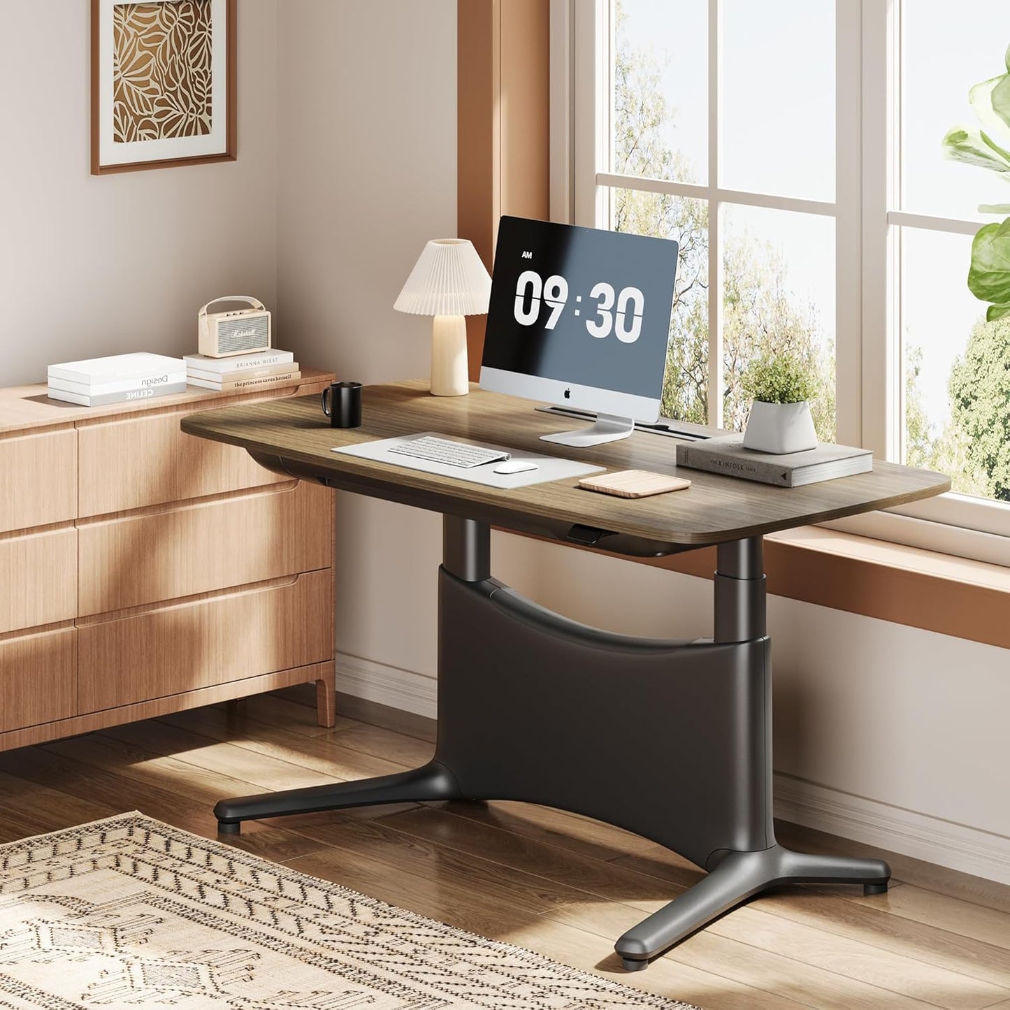 COLAMY Electric Adjustable Standing Desk – 48 x 28 Inch Sit Stand Desk with Drawer & Cable Management, Dual Motor Lift System, Ergonomic Footrest, Home Office Table (MFC Desktop, Walnut + Black)