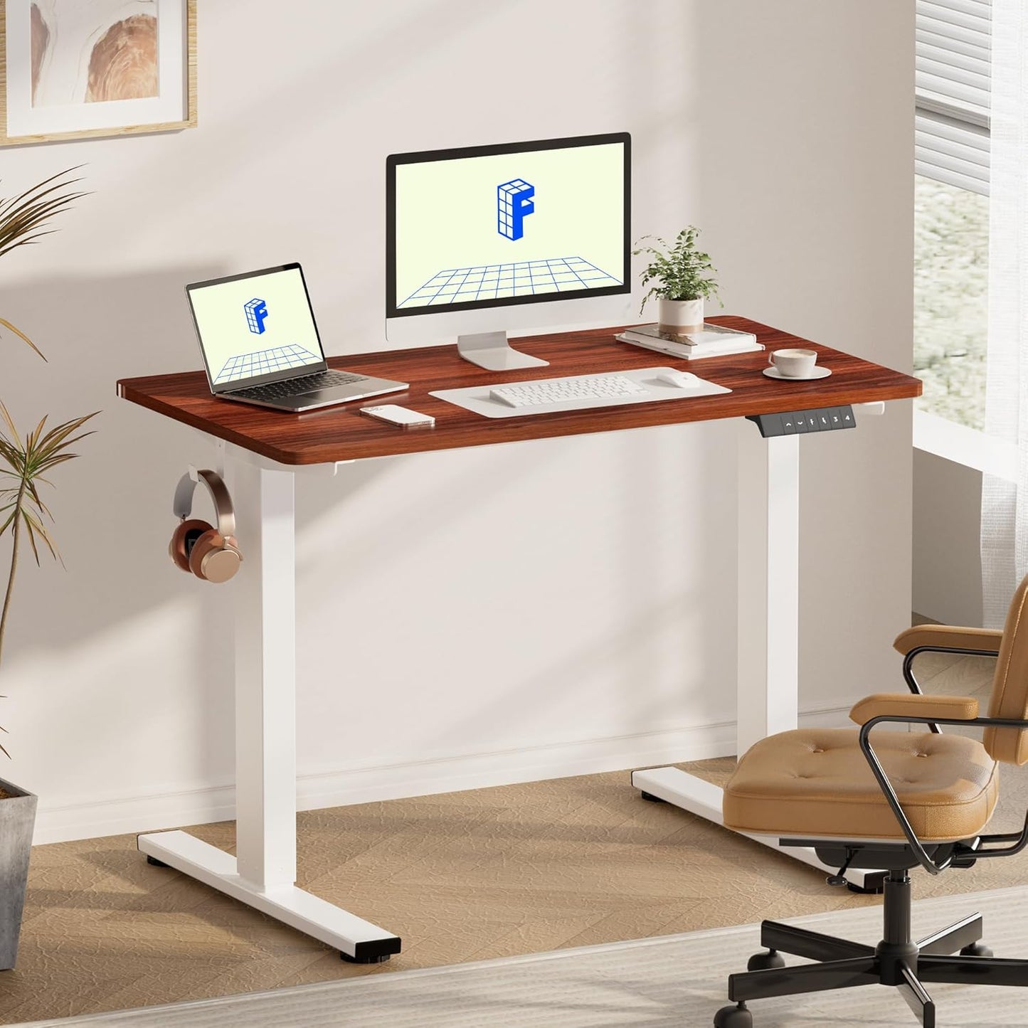 FLEXISPOT EN1 One Piece Standing Desk 48 x 24 Inch Electric Adjustable Height Desk for Home Office and Computer Workstation (White Frame + 48" Mahogany Top, 2 Packages)