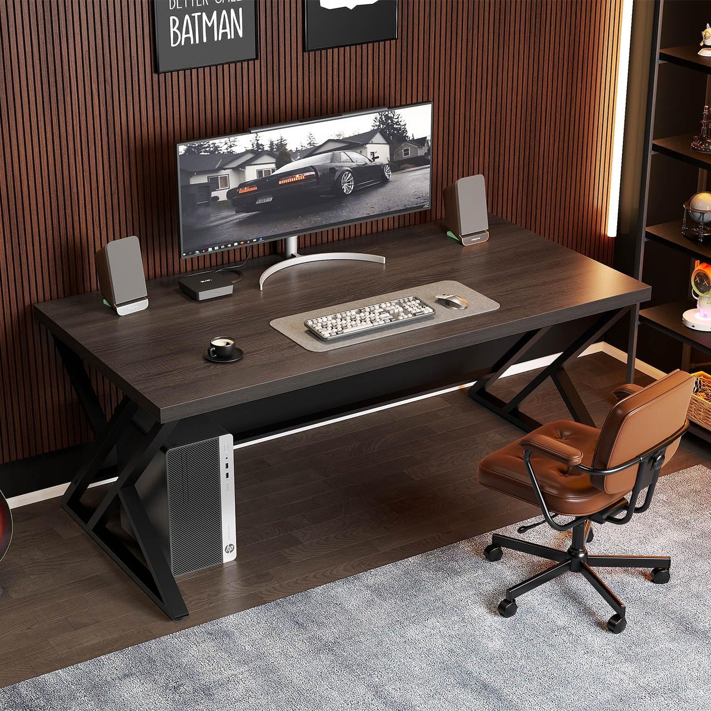 LVB Modern Computer Desk, Industrial Home Office Desk, Metal Wood Writing Study Computer Table for Bedroom, Farmhouse Executive Simple Gaming Work Desk for Student, Dark Gray Oak, 60 Inch