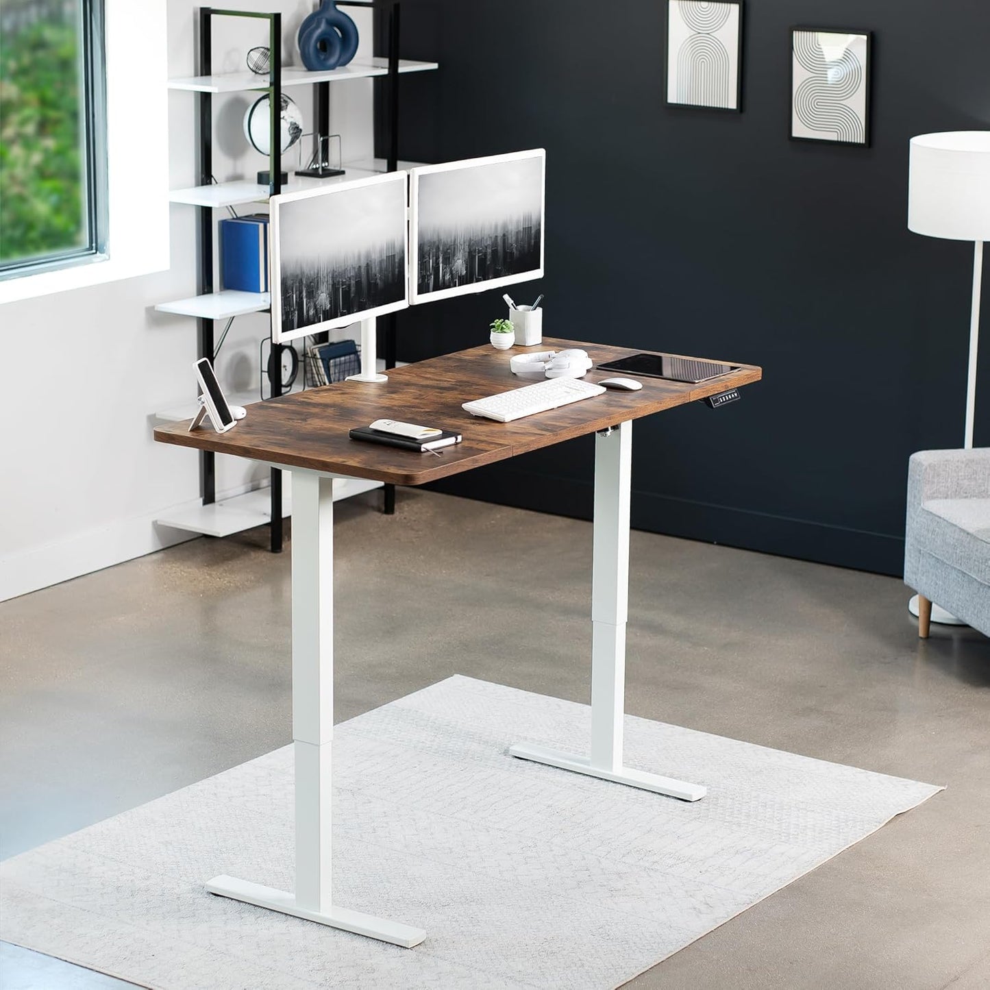 VIVO Electric 60 x 30 in Rustic Standing Desk, Memory Height Adjustment, 1B Series, Vintage Brown Top White Frame, DESK-KIT-1W6N-30