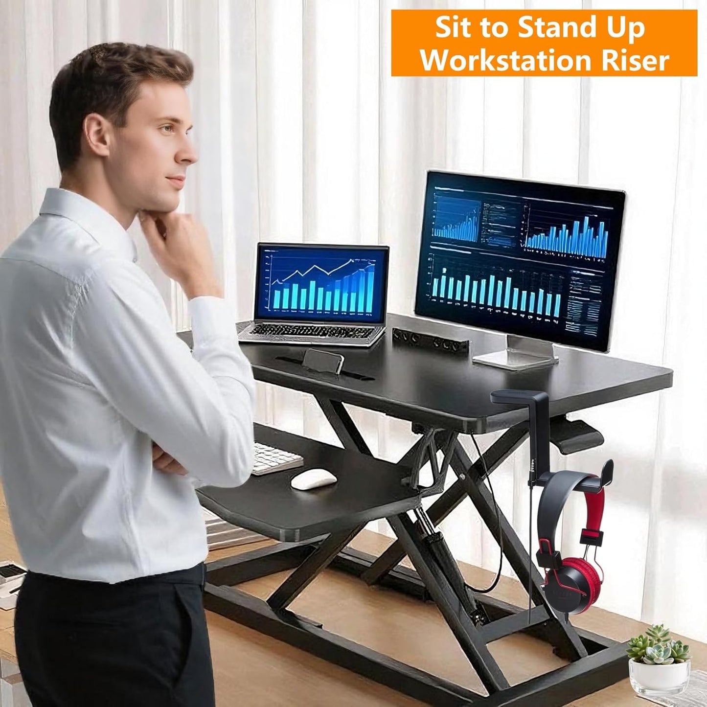 37-inch Standing Desk Converter,Height Adjustable Sit to Stand Up Workstation Riser, Dual Monitor and Laptop Riser with Wide Keyboard Tray, Headphone Stand,Cable Clips,for Home Office, Black