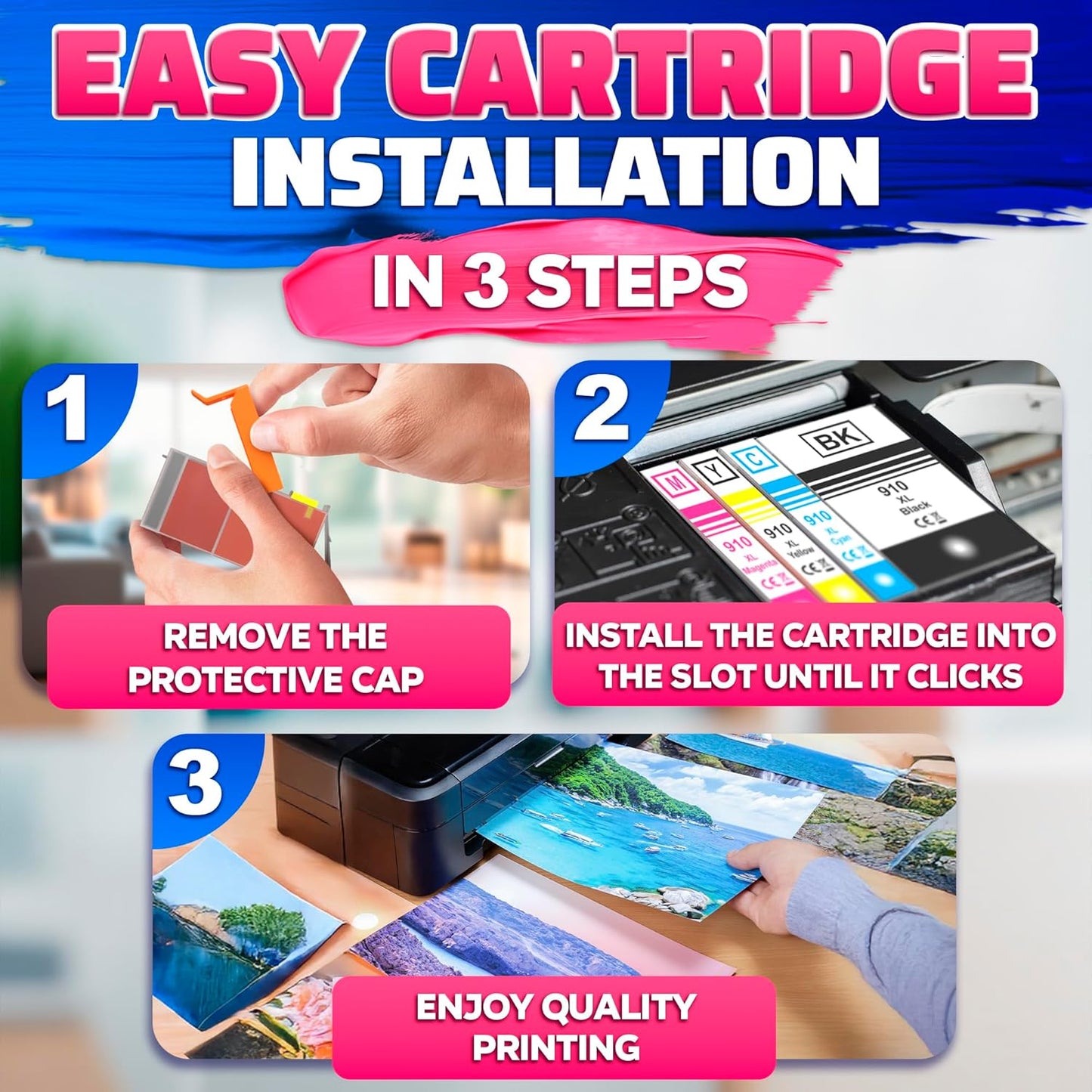 910XL Printer Ink Cartridges 4 Pcs – Includes 910XL Black & Color Ink – Compatible with HP 8020, 8025, 8028, 8030, 8035, 8010, 8015, 8018, 8022 – Quality Prints – Easy Installation