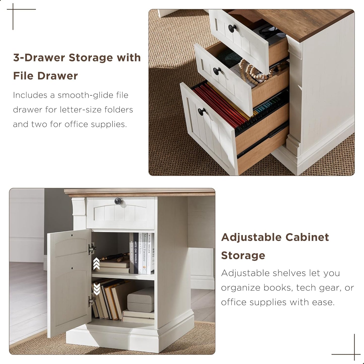 OKD 60" L Shaped Executive Desk with Hutch and Drawers, Farmhouse Home Office Desk with Charging Station, File Cabinet Storage, Wood Corner Computer Desk for Work and Study, Antique White