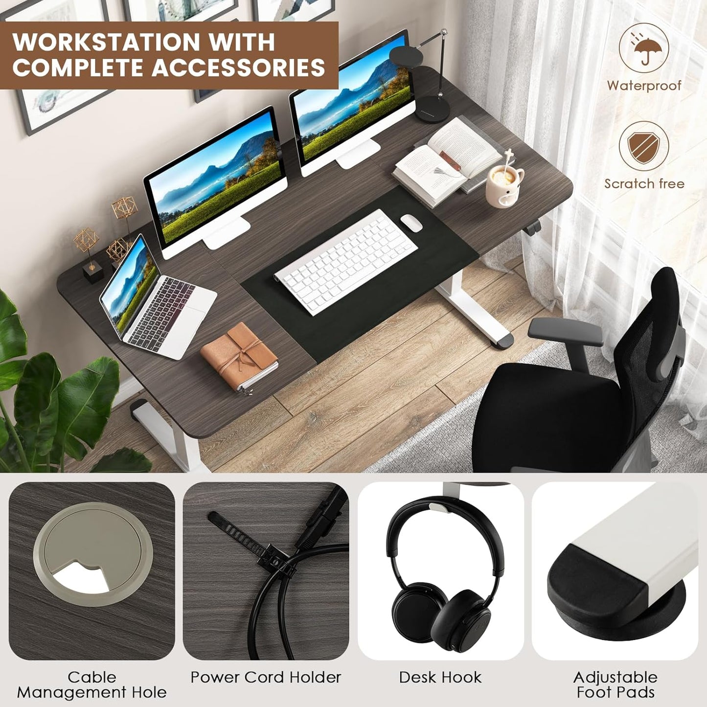 GOFLAME Height Adjustable Electric Standing Desk, 55 x 28 Inch Sit Stand Up Electric Desk with Headphone Hook, Ergonomic Standing Workstation, Electric Standing Desk with Metal Frame, Dark Grey