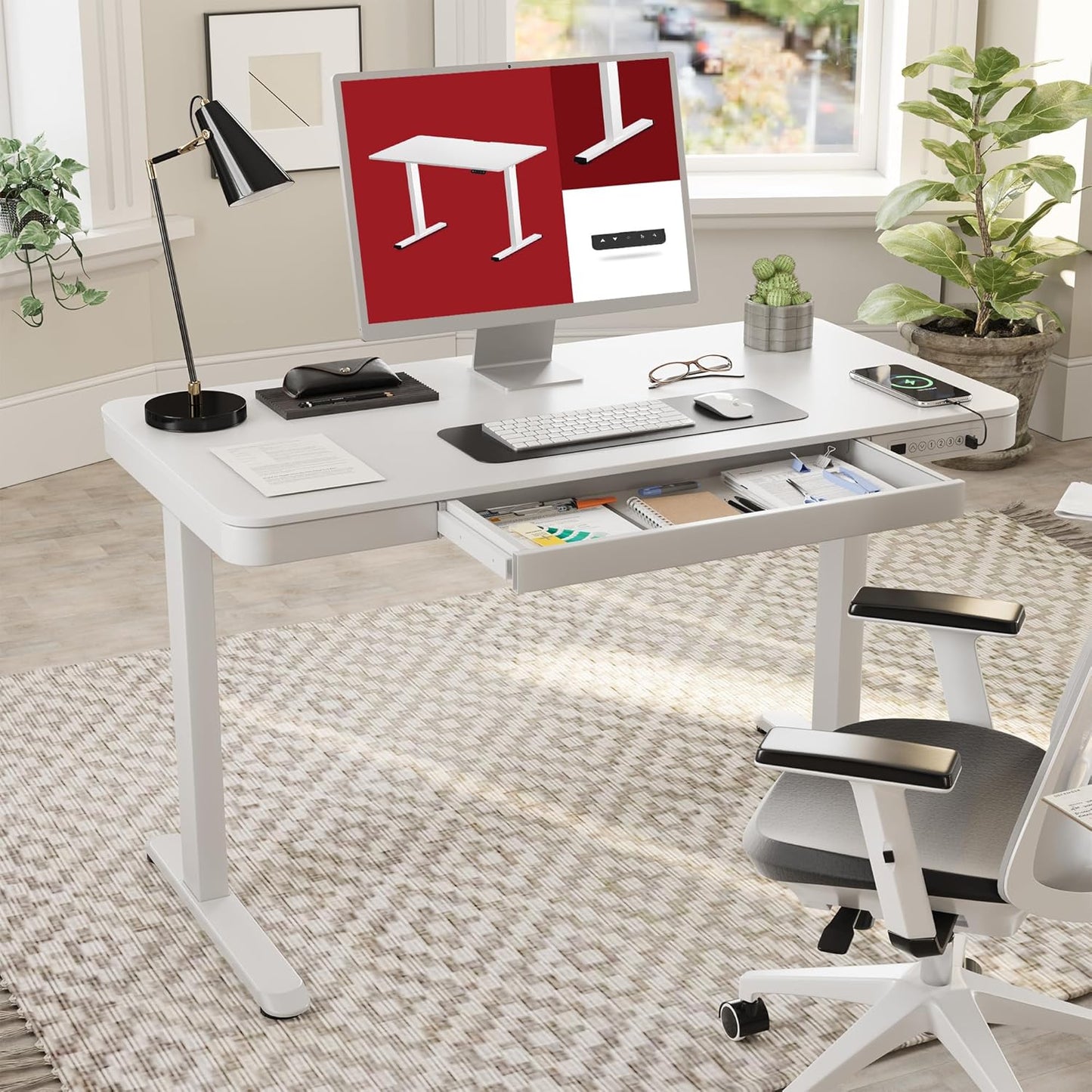 Standing Desk with Drawer, Electric Height Adjustable Home Office Desk with Storage & USB Ports, 48 inch White Wood Tabletop/White Frame