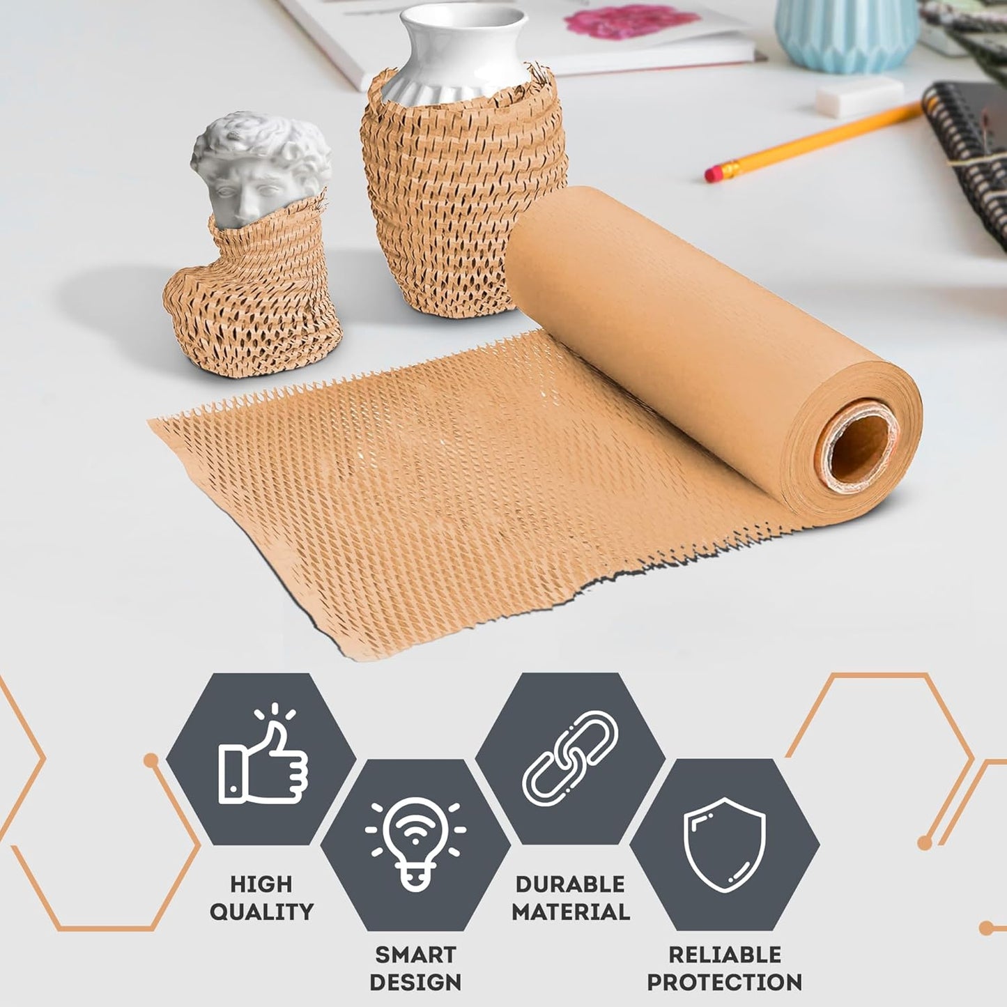 Brown Honeycomb Packing Paper for Moving Breakables, 15 Inch x 100 Feet. Fragile Shipping Supplies. Perforated Packing Materials for Fragile Items. Moving Paper Wrap. Eco Friendly Packaging