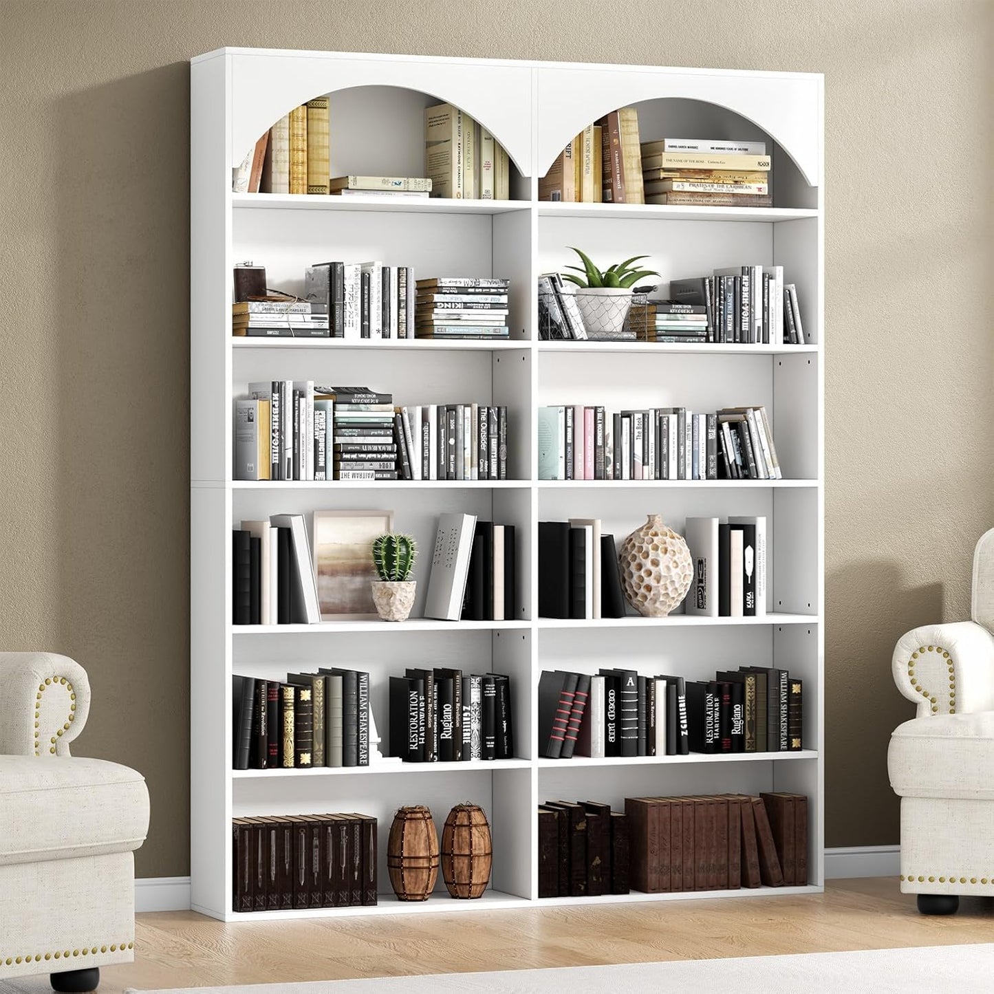 70.8’’ Tall Bookshelf and Bookcase, 7-Tier Double Wide Bookcase Modern Large Open Display Shelves with Curved Baffle for Home Office Living Room (White)