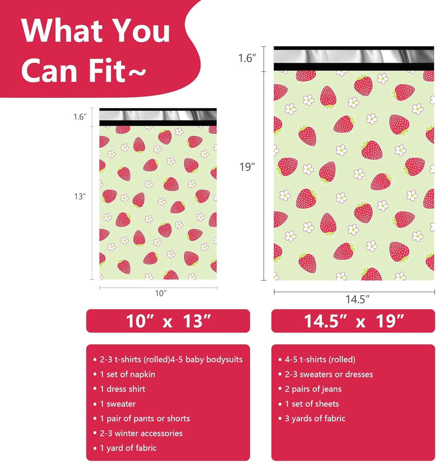 Poly Mailers 14.5x19 Inch 50 Pcs - Strawberries printed Shipping Bags, 2.4mil Thickness, Waterproof and Tear Resistant Mailing Envelopes, Self-Sealing Packaging Bags for Small Business