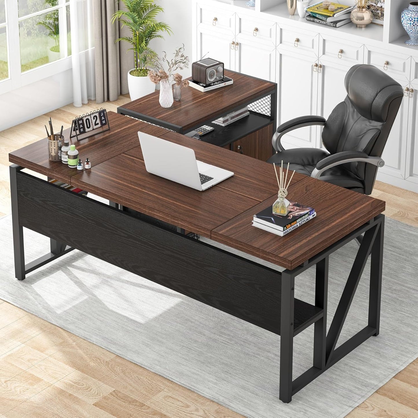 Tribesigns L Shaped Desk with Drawer Cabinet, 63" Executive Computer Desk and lateral File Cabinet, 2 Piece Home Office Furniture with Drawers for Hanging, Doors with Locks (Dark Brown, 63 inches)