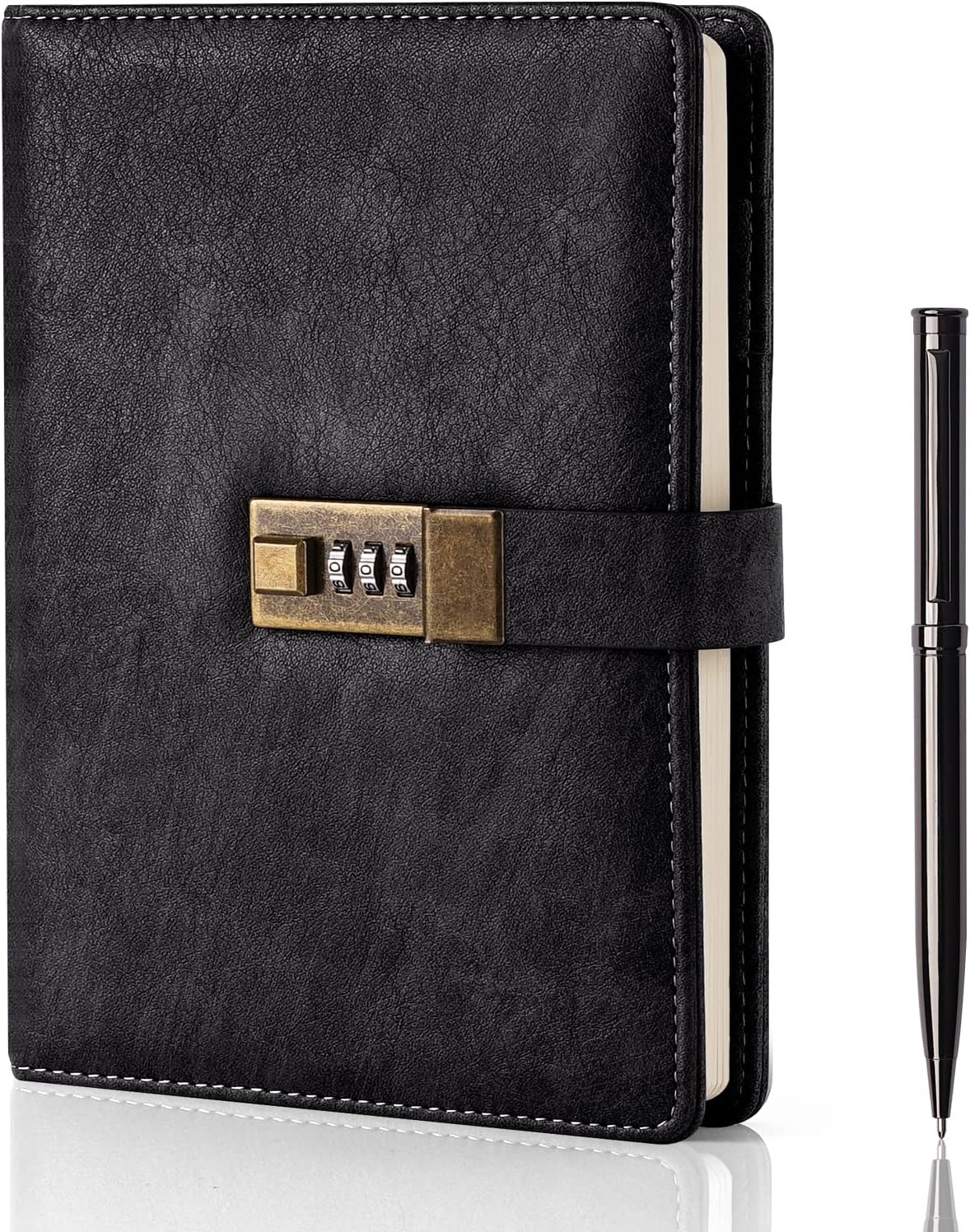 WEMATE Diary with Lock, A5 PU Leather Journal with Lock 240 Pages, Vintage Locks Journal Password Notebook with Pen, Locks Diary Planner Organizer for Men and Women, 8.6x5.8in Black