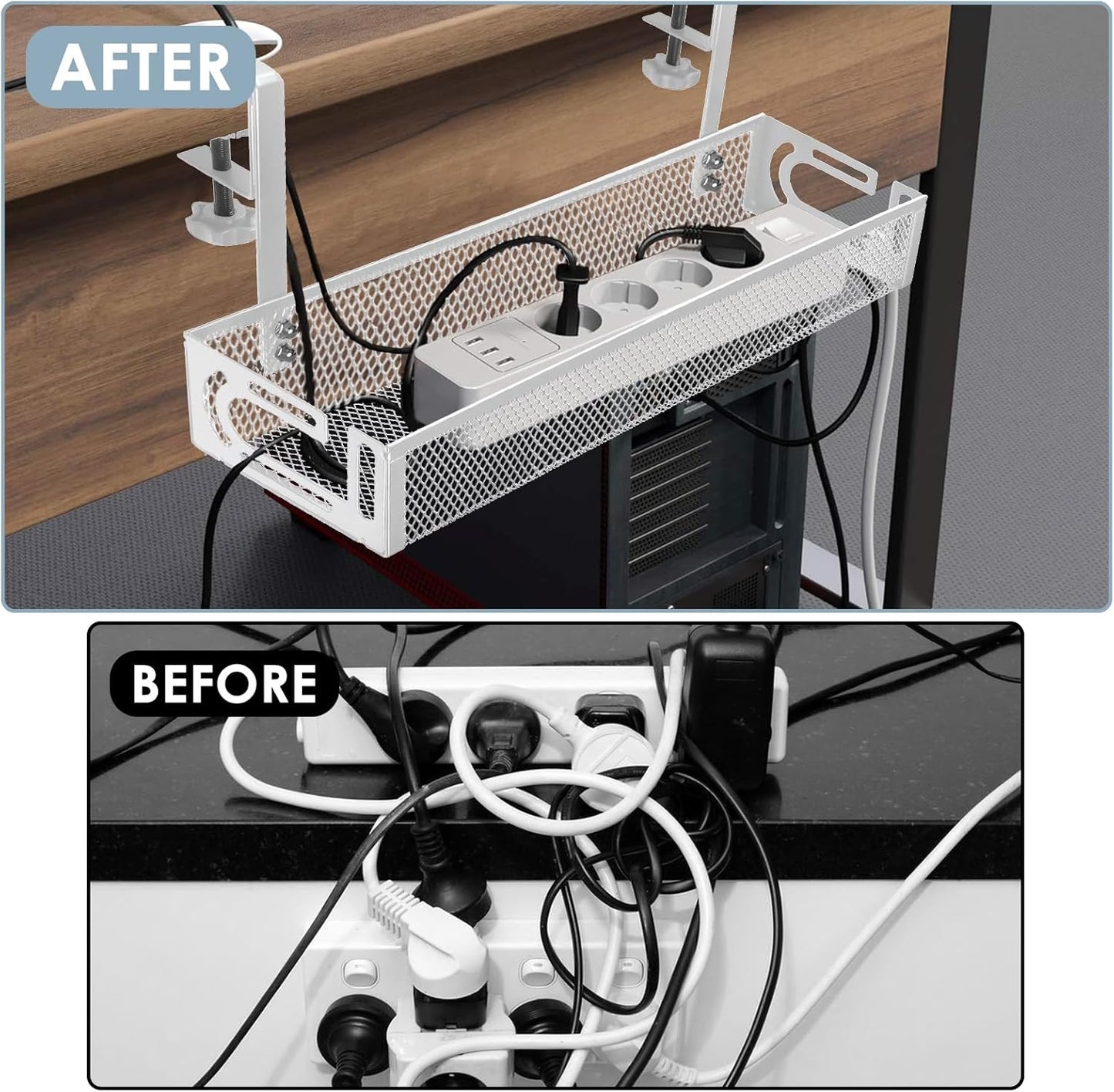 Under Desk Cable Management Tray, Cable Management Under Desk No Drill, Wire Management Tray with Clamp, Cord Organizer for Home Office, White