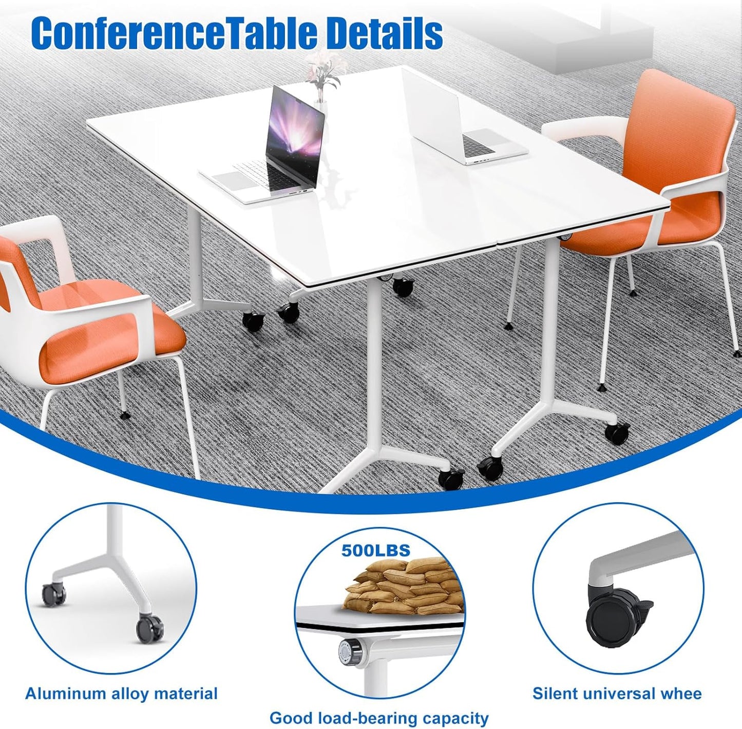 Conference Table, Folding Conference Desk Modern White, Seminar Table with Wheels, 2-10 People for Office, Meeting Break Room(4, 1915, 61IN)