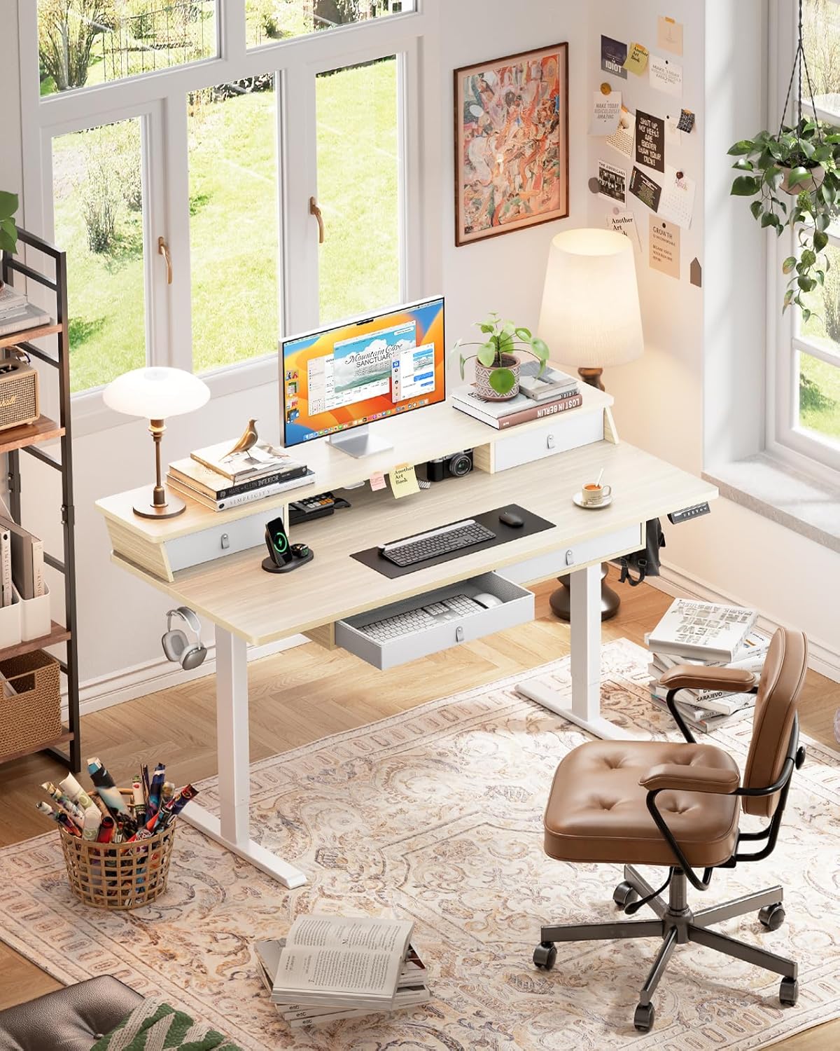 ErGear Electric Standing Desk with 4 Drawers, 55" x 30" Height Adjustable Desk with Storage, C-Clamp Mount Compatible, Computer Home Office Table with Cable Management Tray, Natural