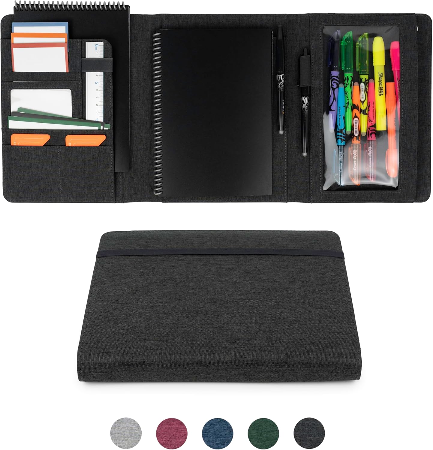 Sturdy Planner Cover for Rocketbook Smart Notebook - Water-Resistant Fabric Padfolio, Business Padfolio with Zipper Pen Pocket, Fits Executive Size A5, Rocketbook Accessories (Black)