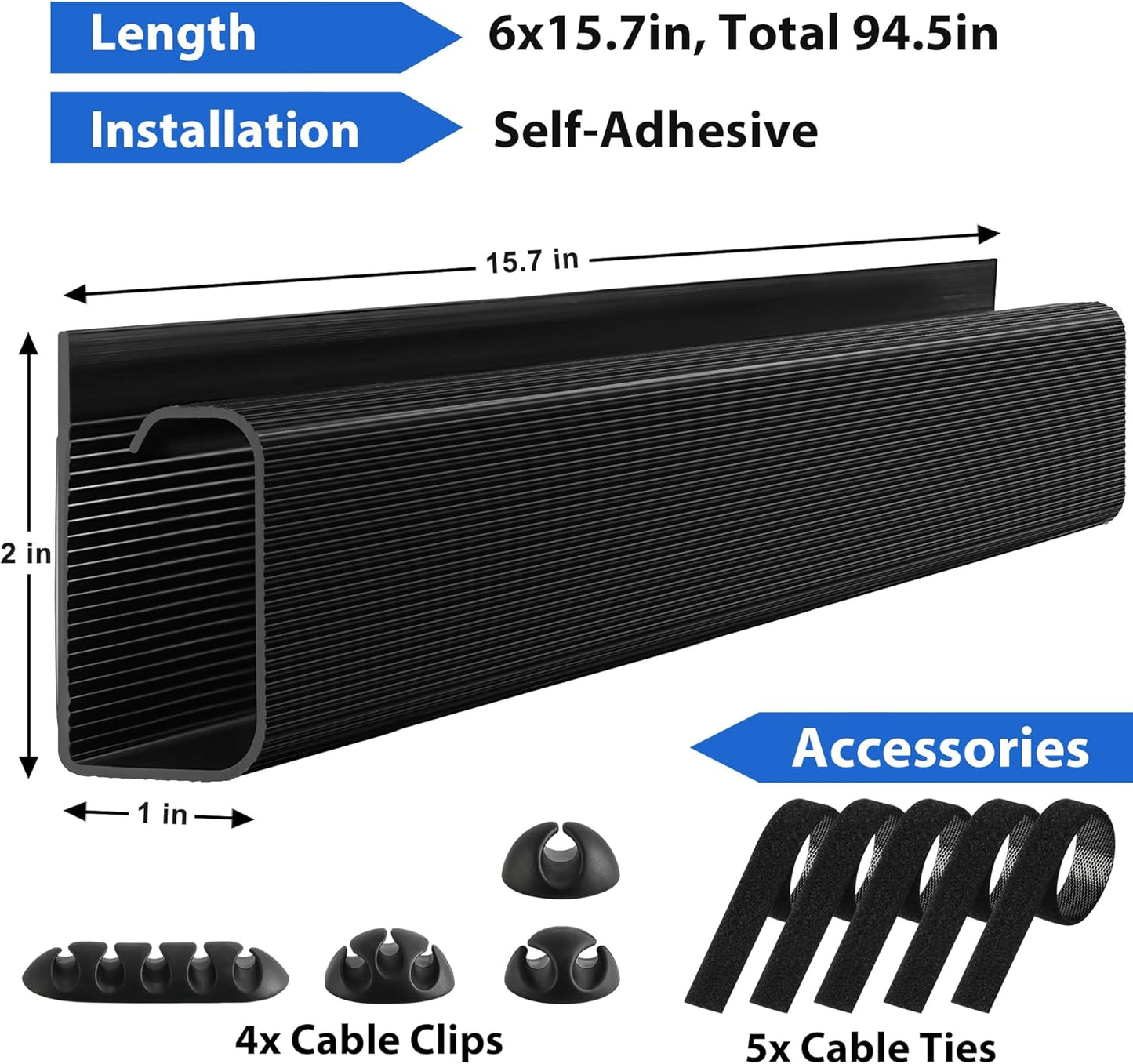Cable Management Under Desk 94.5in (6X L15.8in) J Channel, ZhiYo Cord Organizer for Desk, Self-Adhesive Cable Organizer, Cord Management Wire Organizers for Cords, Wire Management Cable Raceway Black