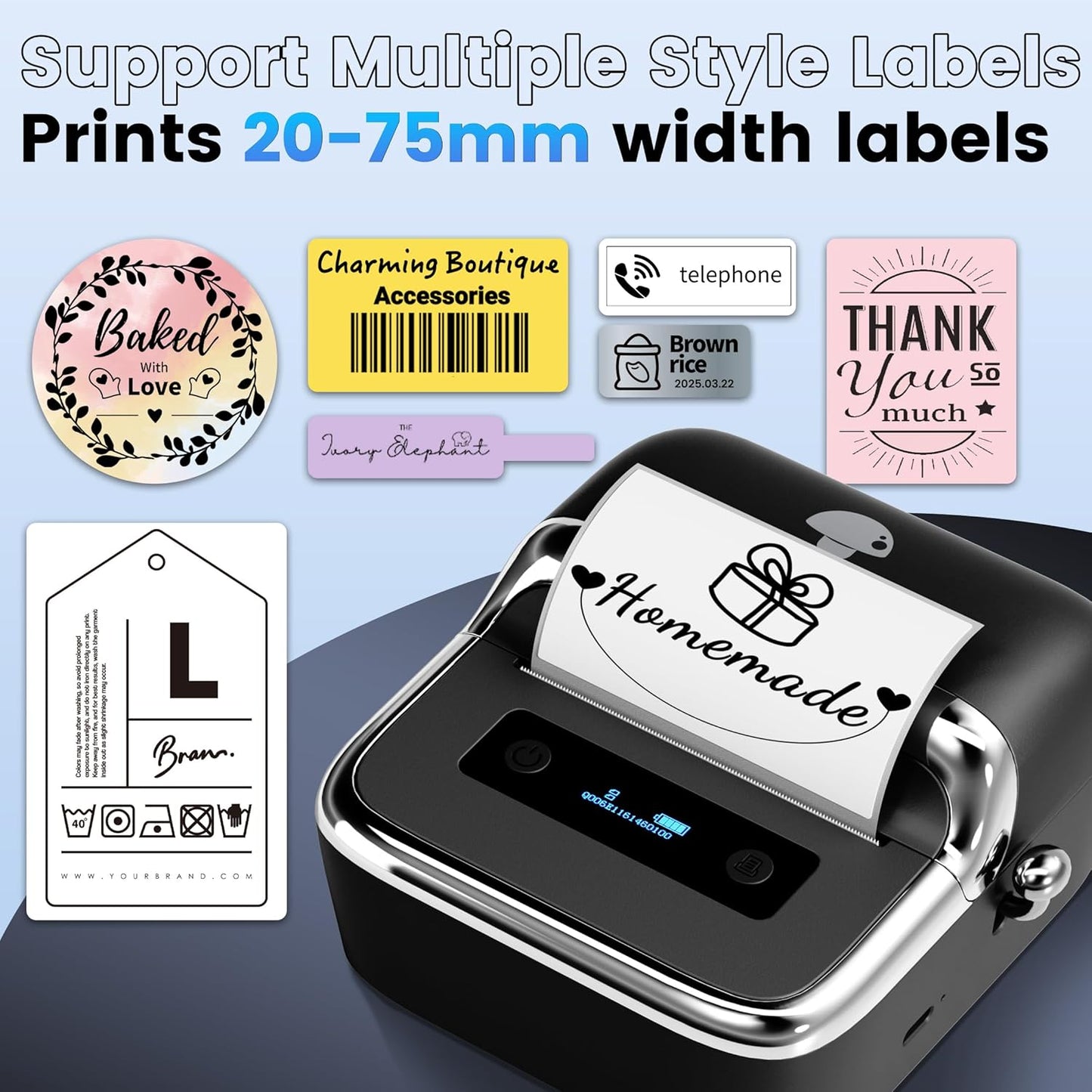 Phomemo M250 3 Inch Label Maker Machine with Tape, 2025 Upgrade Portable Barcode Label Printer for Business, Home, Logo Label, Thermal Address Label Maker with 100 Labels, 40x30mm