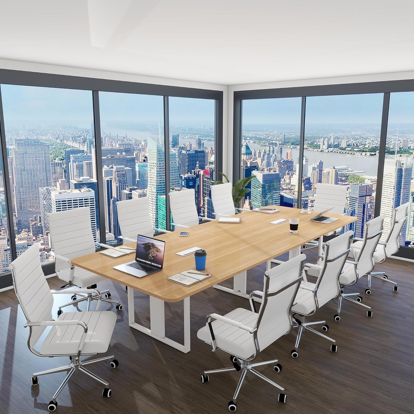 Home Office Chair Ribbed, Modern Leather Conference Room Chairs, Ergonomic Office Desk Chair, High Back Executive Computer Chair, Adjustable Swivel Chair with Arms (White)