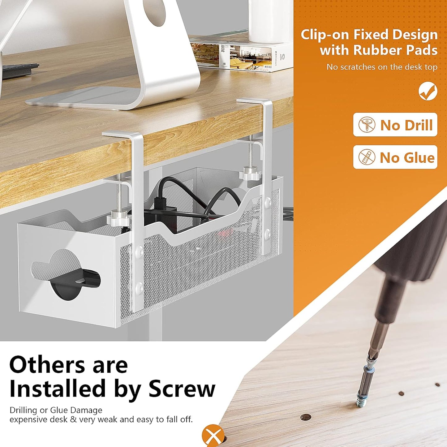 Under Desk Cable Management Tray 13.38", Quszmd Cable Organizer No Drill, Standing Cord Organizer and Wire Management Tray - No Damage to Desk, White