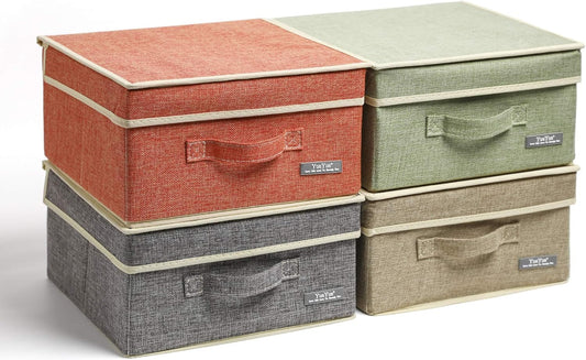 YueYue Small 4 Pack Fabric Stroage Box with Lids, Linen Foldable Stroage Box with lids 4 Color Set 12.4in/12in/6.7in