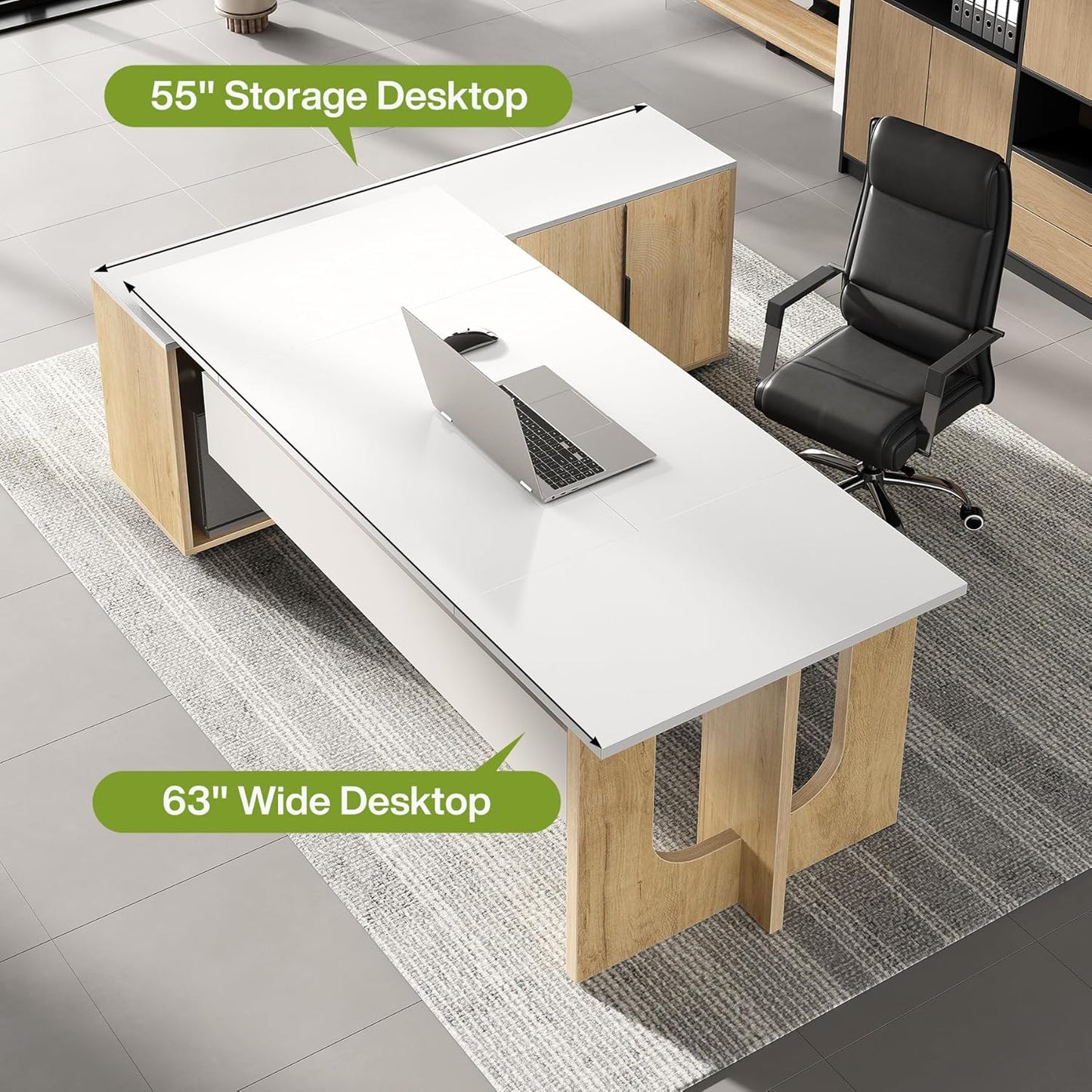 LITTLE TREE 74-Inch Executive L-Shaped Desk with Storage Cabinet & Shelves, Large Home Office Computer Desk, Modern Business Workstation for Professionals (Oak & White)