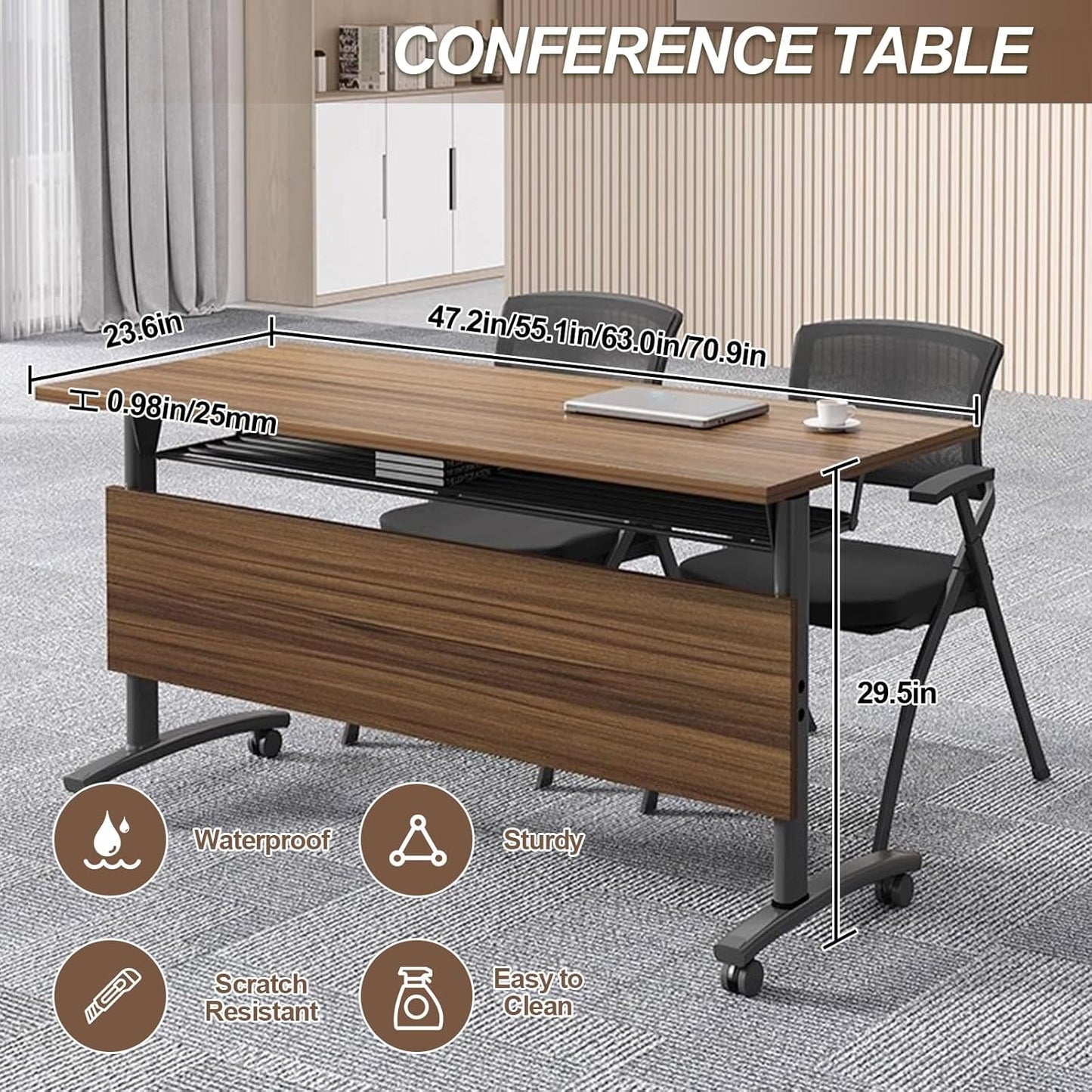 Folding Conference Room Table, Modern Conference Tables with Wheels, Large Rectangular Mobile Training Tables for Office Classroom, Foldable Modular Boardroom Seminar Table Walnut (2pack L70.9in)