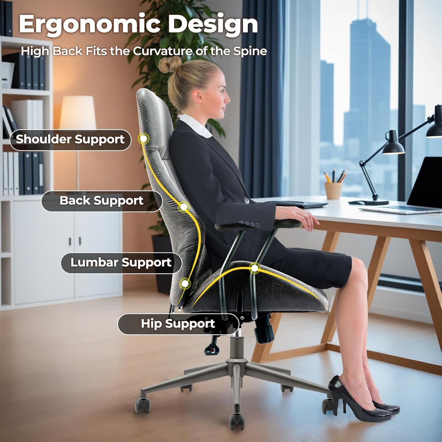 ovios Ergonomic Home Office Chair, Mid-Century Modern Faux Leather Chairs with Padded Armrests, Comfy High Back Swivel Rolling Executive Computer Armchair (Dark Grey, Suede Leather)