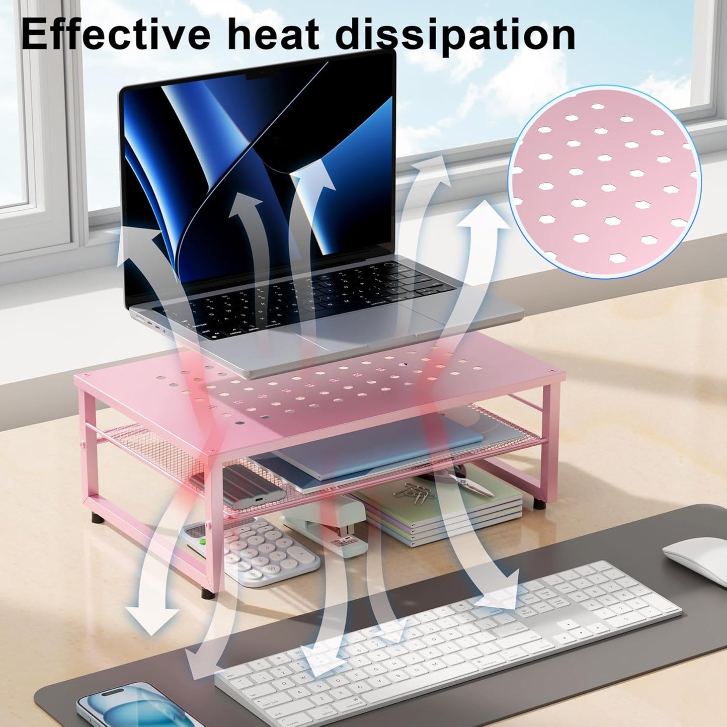 Gianotter 2-Tier Metal Monitor Stand Riser, Workspace Organizer with Desk Accessories, Office Storage for Supplies (Pink)