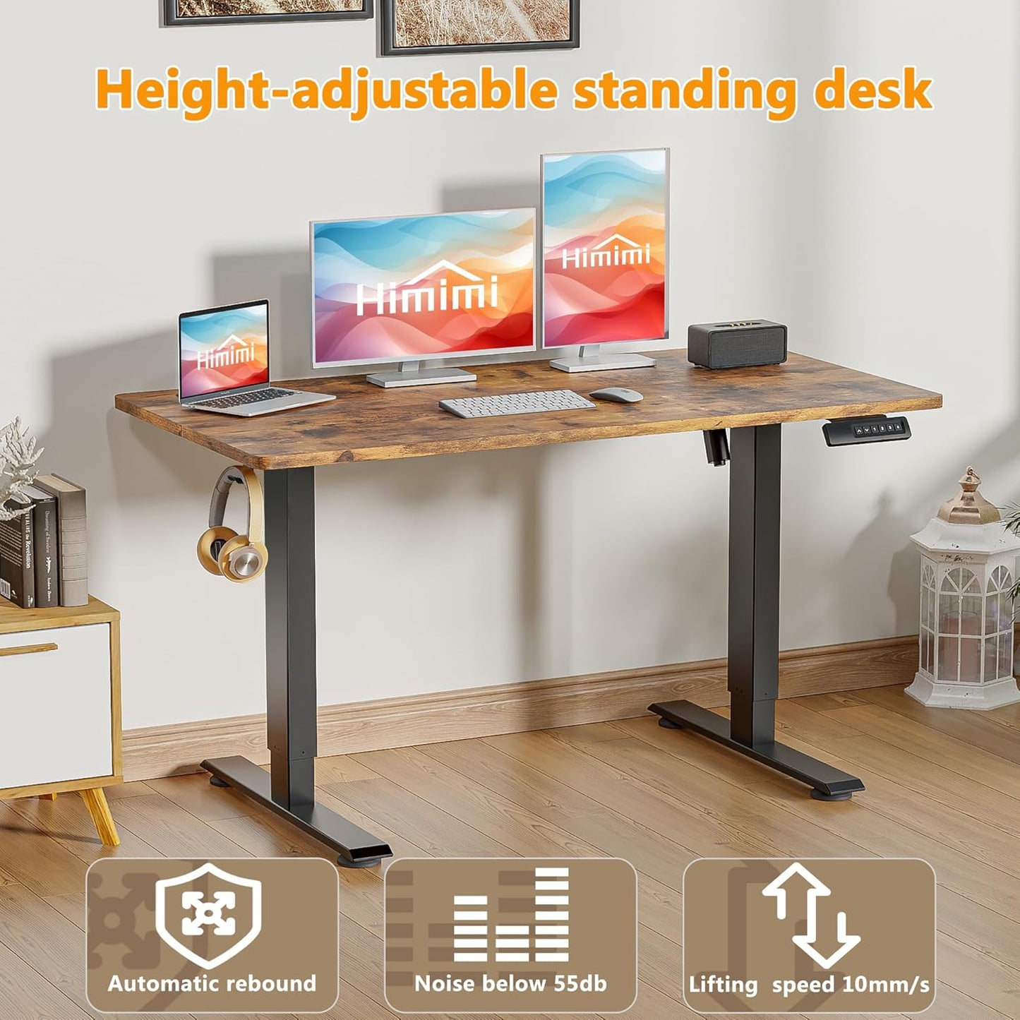 Himimi Electric Standing Desk 55 x 24 inch for Home Office,Sit-Stand Adjustable Desk with Memory Presets,Height Adjustable Desk for Gaming/Working,Free Hook, Lockable Wheels,Mouse Pad,Brown