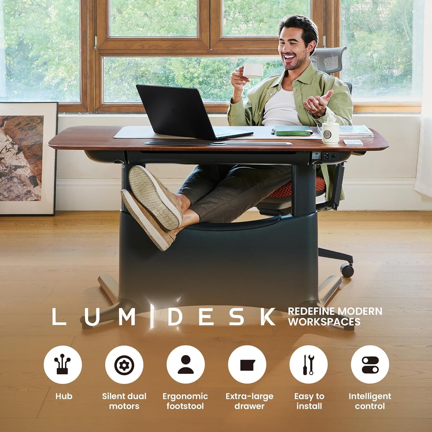 COLAMY Electric Standing Desk, Whole-Piece Gaming Desk with Dual Motors, Ergonomic Footrest, Drawers for Storage, Adjustable Height Sit-Stand Desk for Home Office (Veneer Desktop, Walnut + Black)