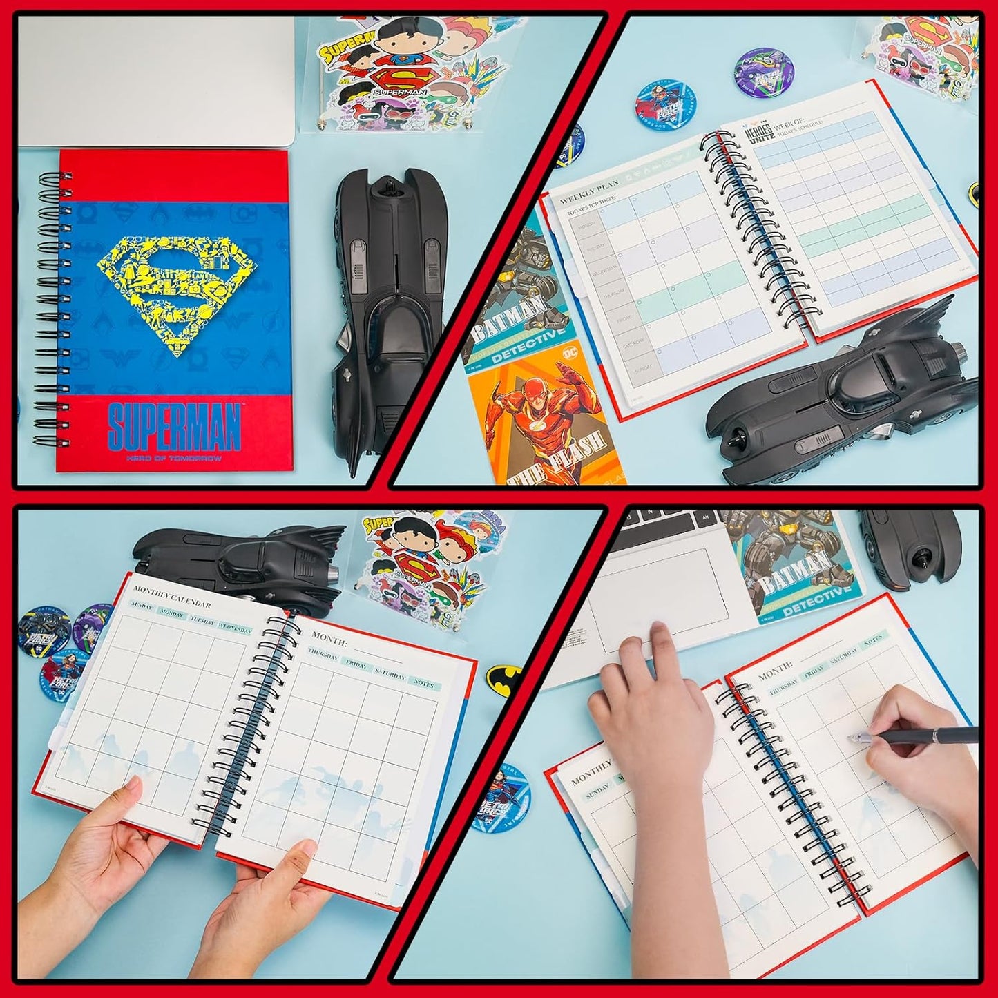 Superhero Academic Planner, Weekly Monthly Daily Agenda, Custom Date Organizer for Time Management, Spiral Bound Notebook with Colorful Tabs,Datebooks for Middle or High School Student (Blue Red)