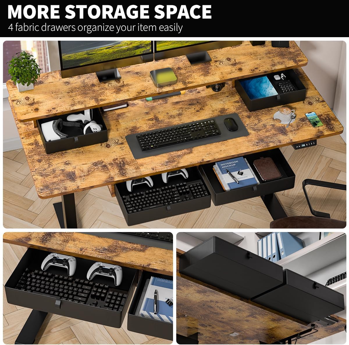 Standing Desk with Fast Charging USB Ports, 55" x 30" Height Adjustable Home Office & Gaming Desk, Sit Stand Desk with Built-in Storage Shelf, Hook & Ergonomic Design(Rustic Brown)