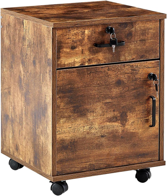 CLIPOP Rolling Storage Cabinet with Drawer, Home Office Cabinet with Lock, Under Desk Storage Cabinet for Office (Rustic Brown)