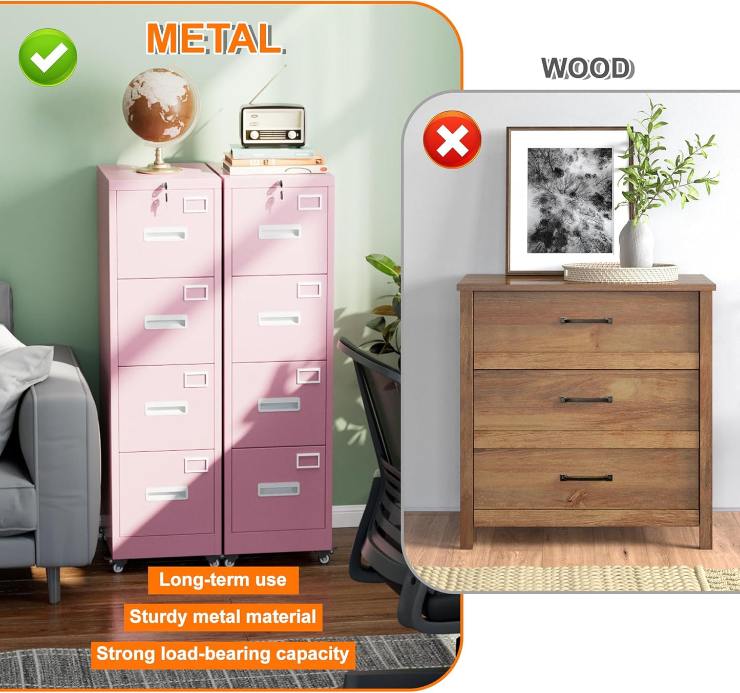 Aobabo 56" H 4 Drawer Moblie Office File Cabinet with Lock, Rolling Metal Filing Storage Cabinet, Legal/Letter A4 Size, Pink, Assembly Required