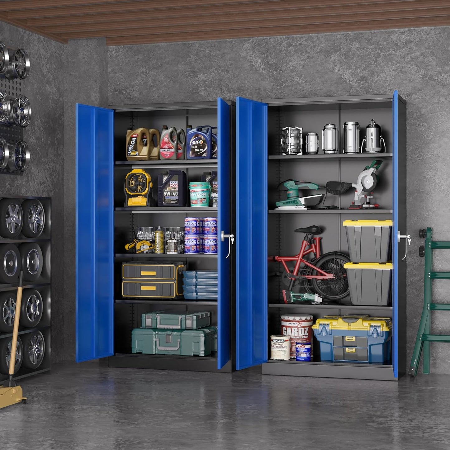 Greenvelly Metal Garage Storage Cabinet,72" Steel Storage Cabinets with Doors and Adjustable Shelves, Metal Tool Cabinets, Locking File Cabinet for Home Office, Garage, School (Black Blue36 Wx18 D)